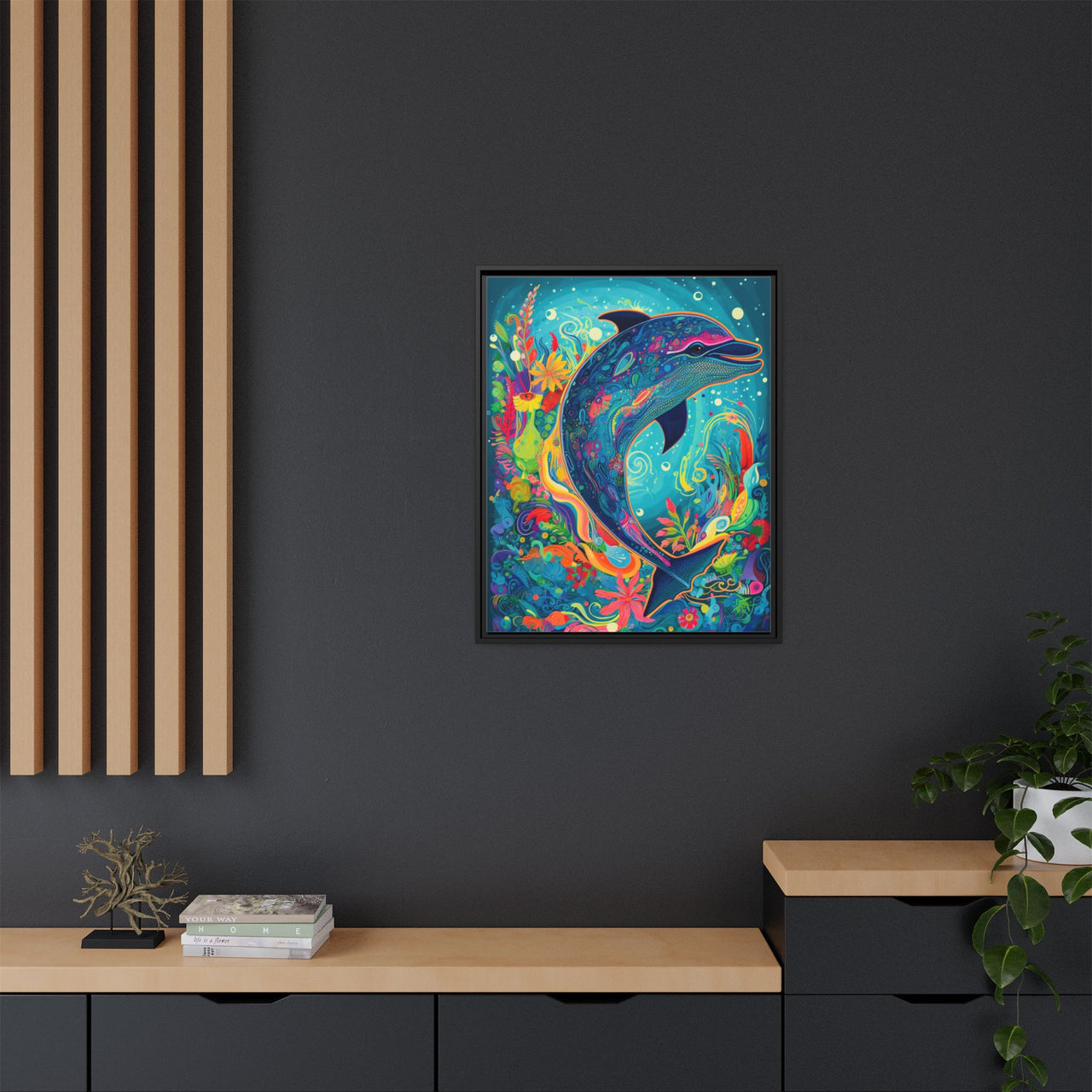 Ocean Bloom Dolphin Canvas Wall Art with Frame
