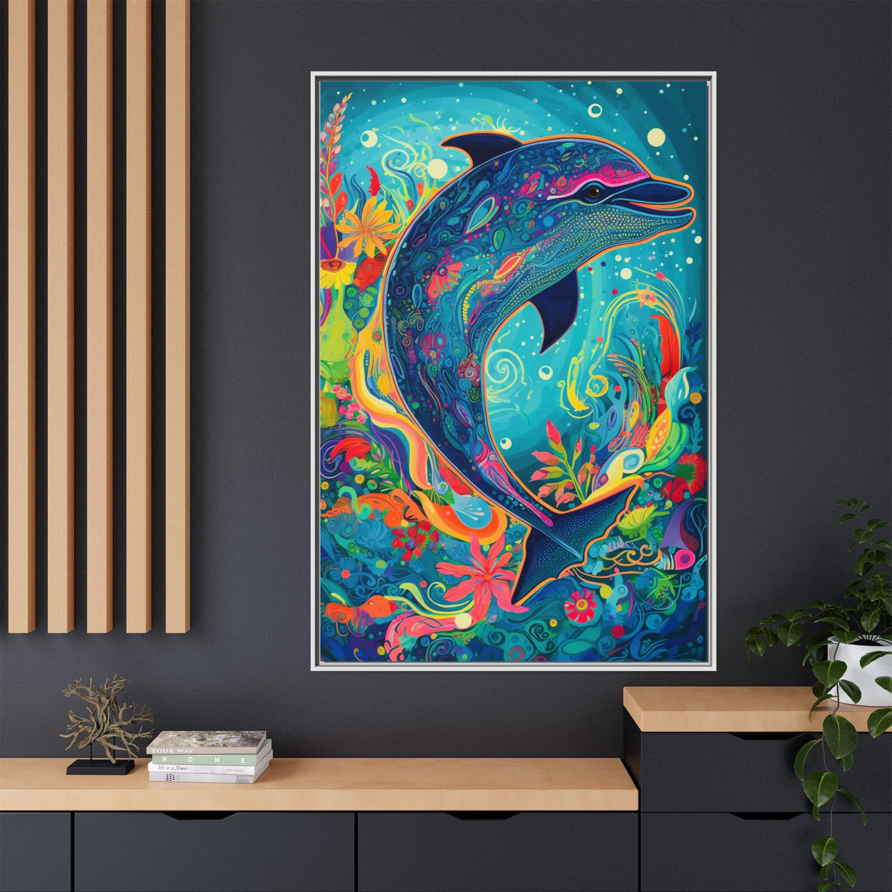 Ocean Bloom Dolphin Canvas Wall Art with Frame