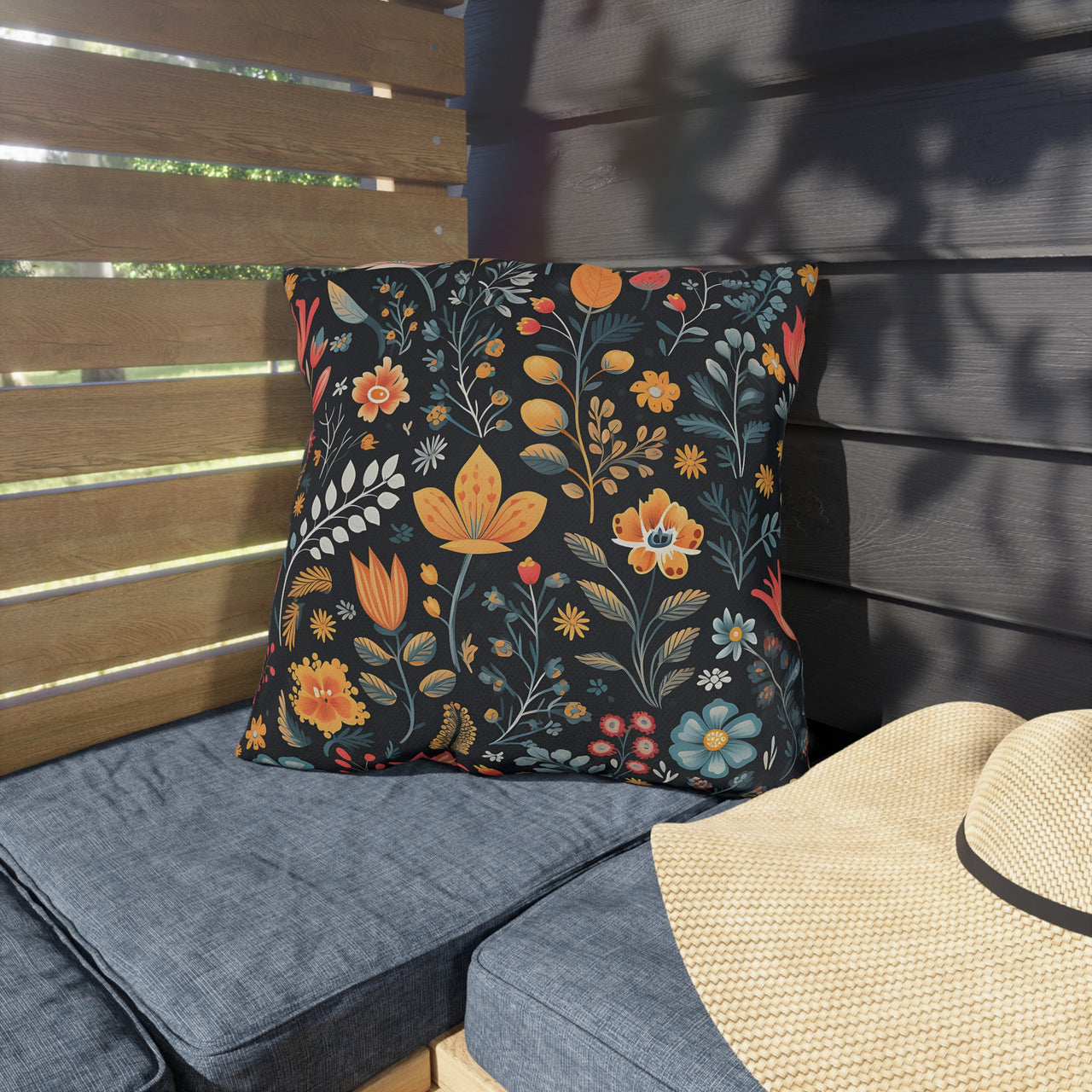 Floral-patterned pillow on a cushioned bench with a straw hat nearby.