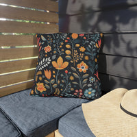 Thumbnail for Floral-patterned pillow on a cushioned bench with a straw hat nearby.