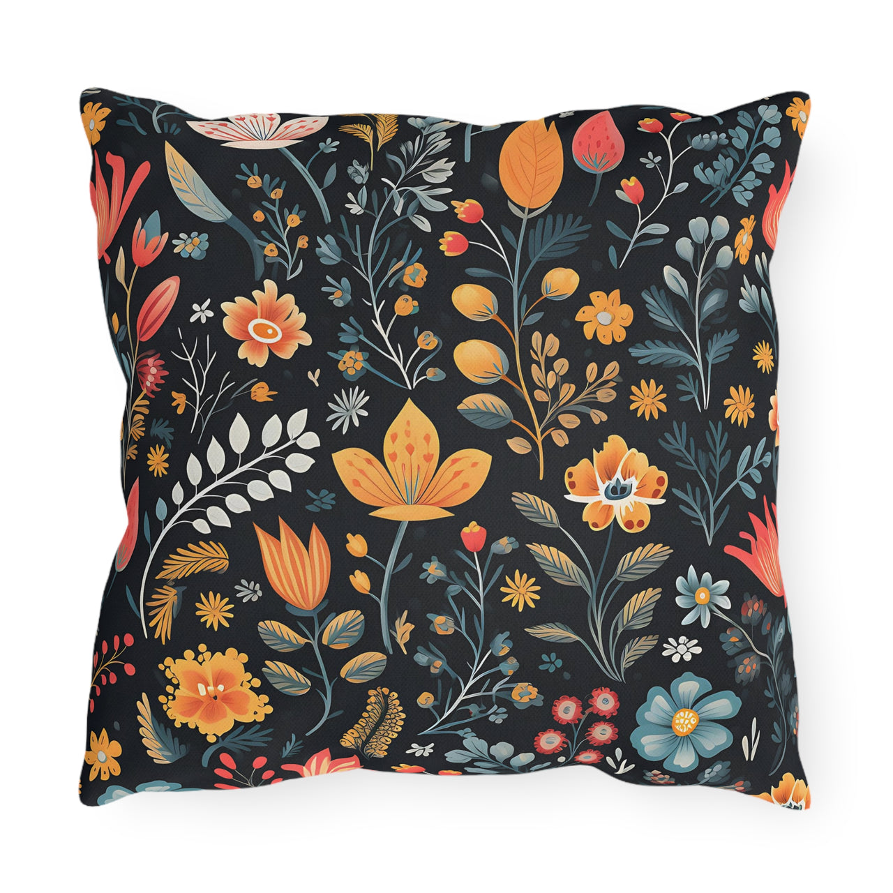 Floral-patterned pillow with colorful flowers on a black background