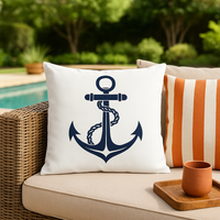 Thumbnail for Pillow with anchor design on a patio setting with a pool in the background