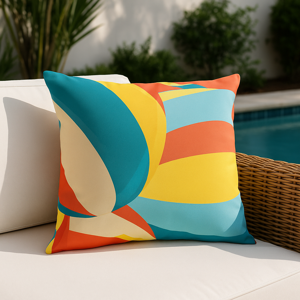 Colorful abstract-patterned pillow on a white surface with a pool and plants in the background