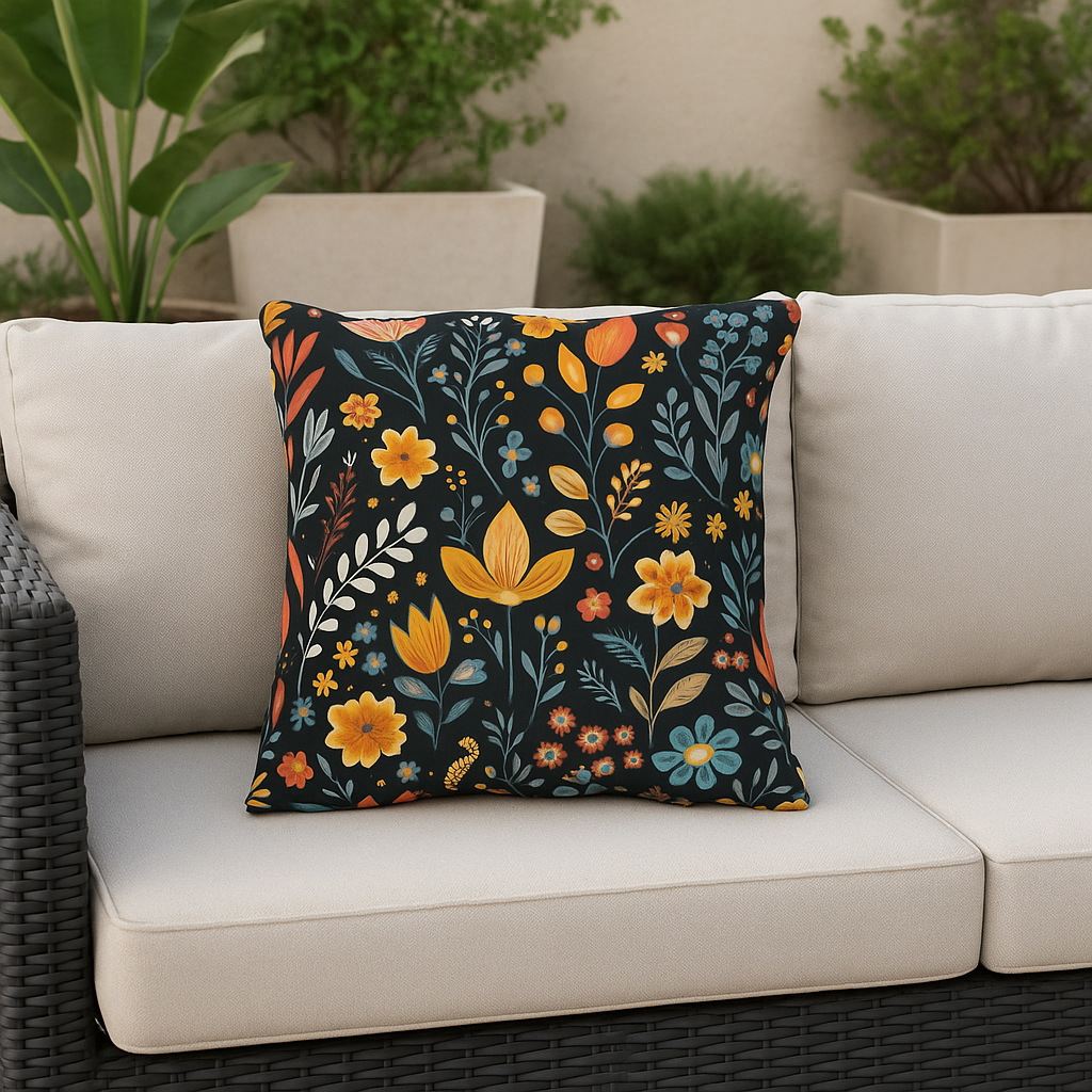 Decorative pillow with floral pattern on a beige outdoor sofa
