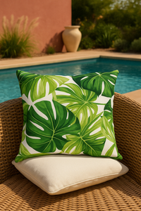 Thumbnail for Green leaf-patterned pillow on a wicker chair by a poolside.