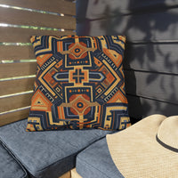 Thumbnail for Decorative pillow with geometric pattern on a cushioned chair outdoors.
