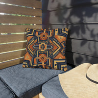 Thumbnail for Decorative outdoor pillow with geometric pattern on a cushioned outdoor bench.