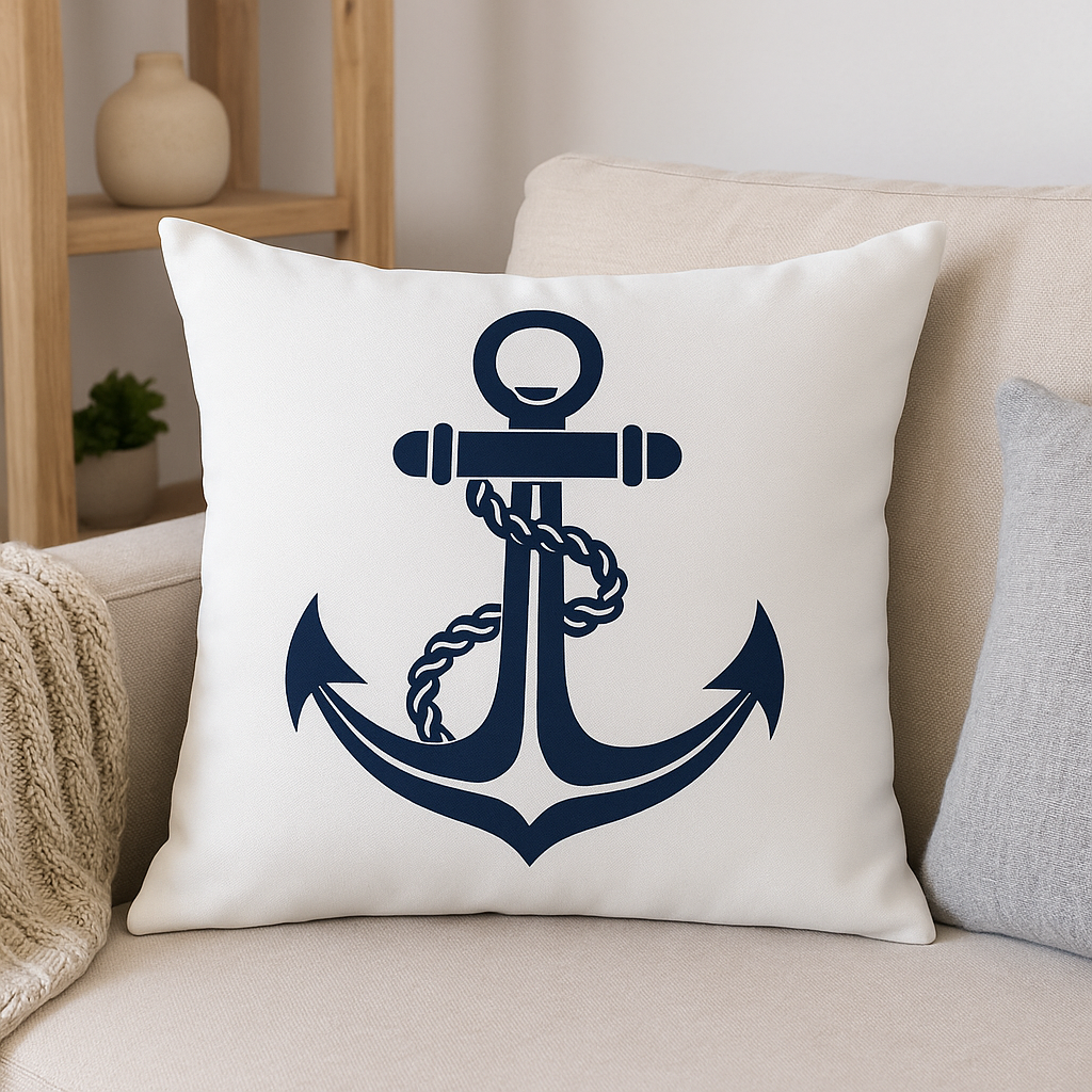 White pillow with a navy blue anchor design on a beige couch.