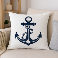 Thumbnail for White pillow with a navy blue anchor design on a beige couch.