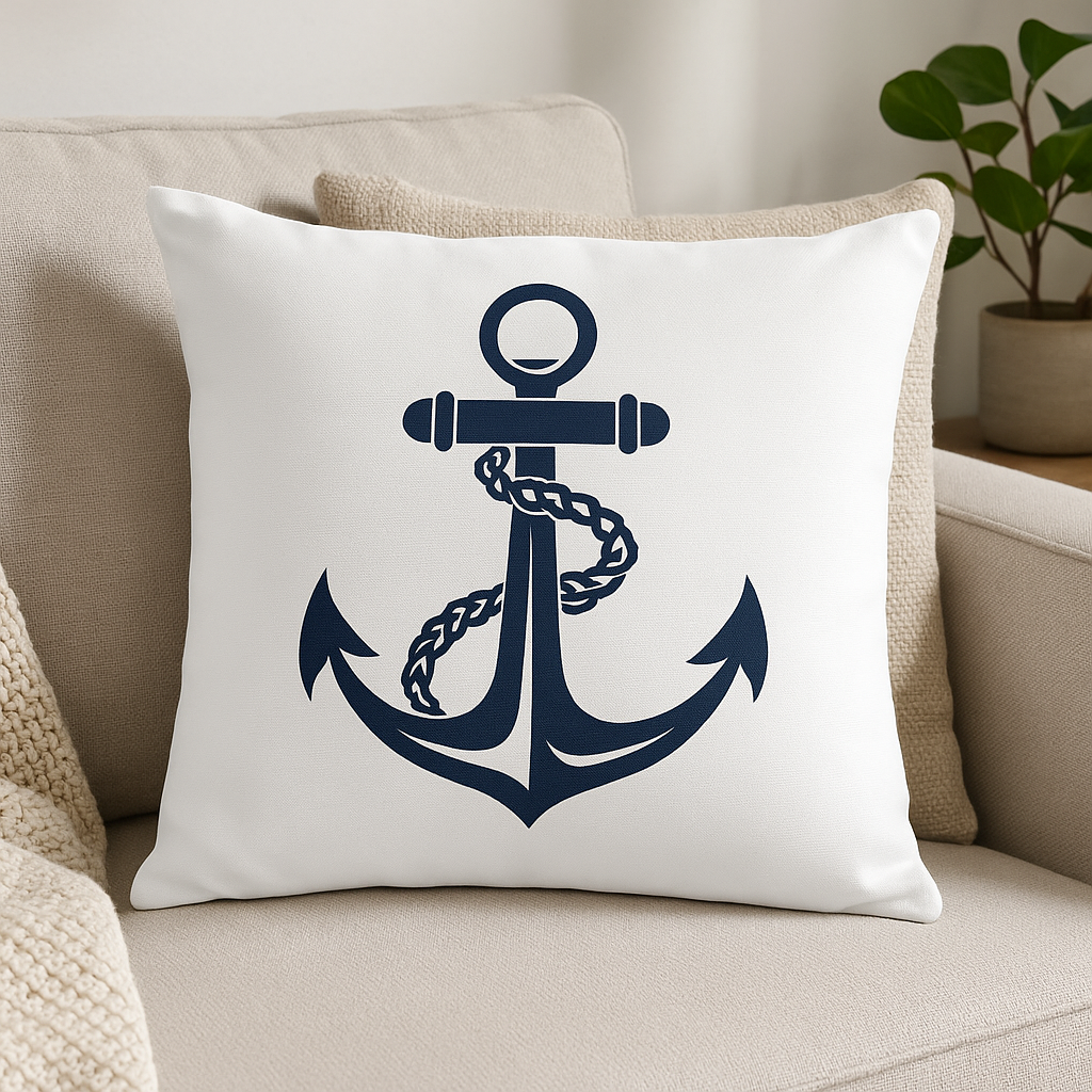 White pillow with a navy blue anchor design on a beige couch.