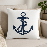 Thumbnail for White pillow with a navy blue anchor design on a beige couch.