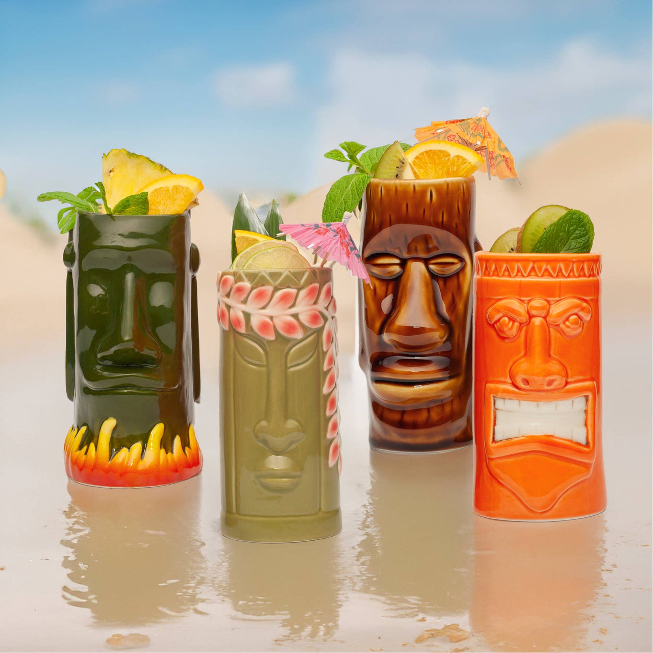 Hand-Carved and Hand-Painted Tiki Mugs - Assorted Set of 8-4